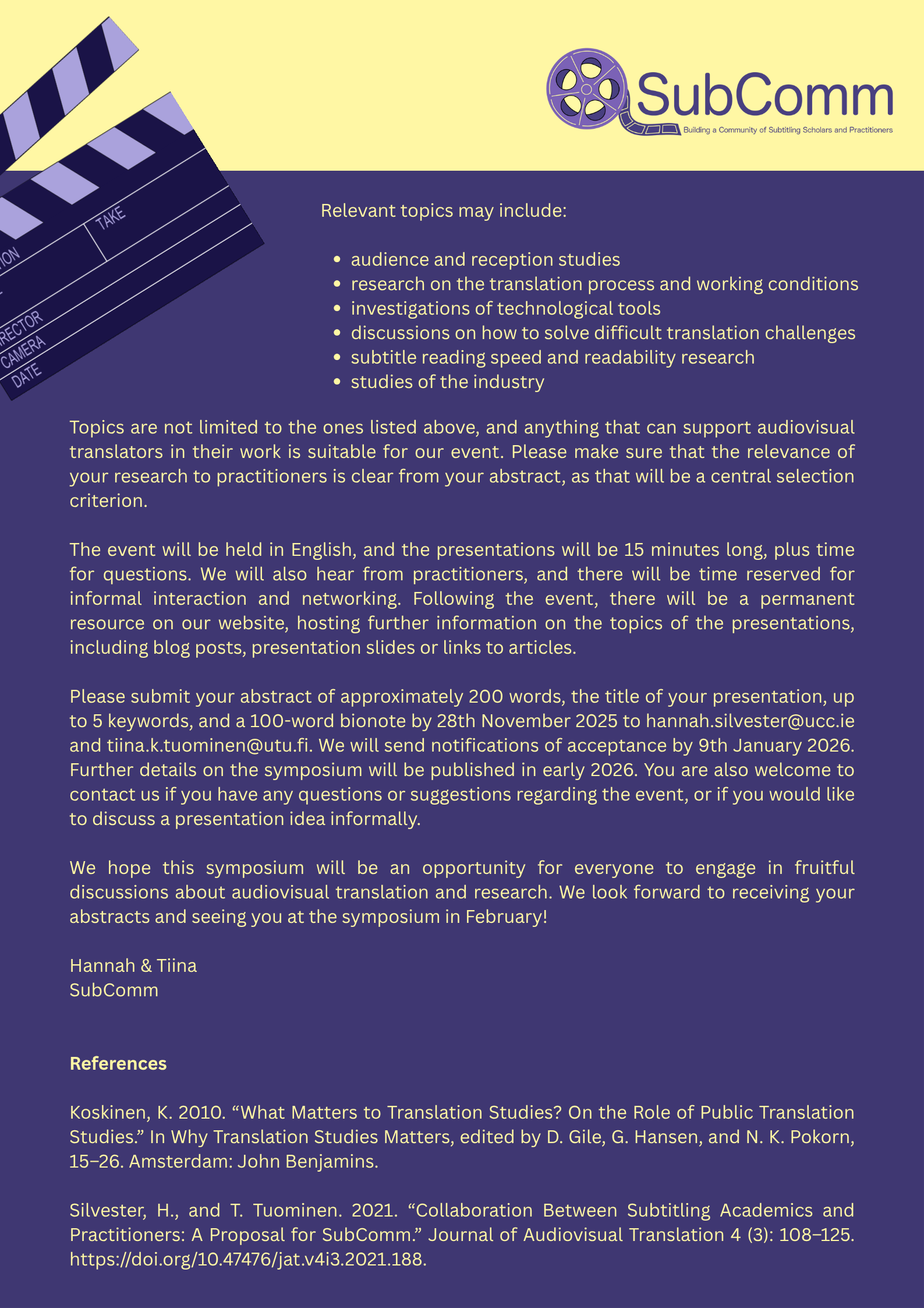 A purple poster featuring the above text. Decorative image.