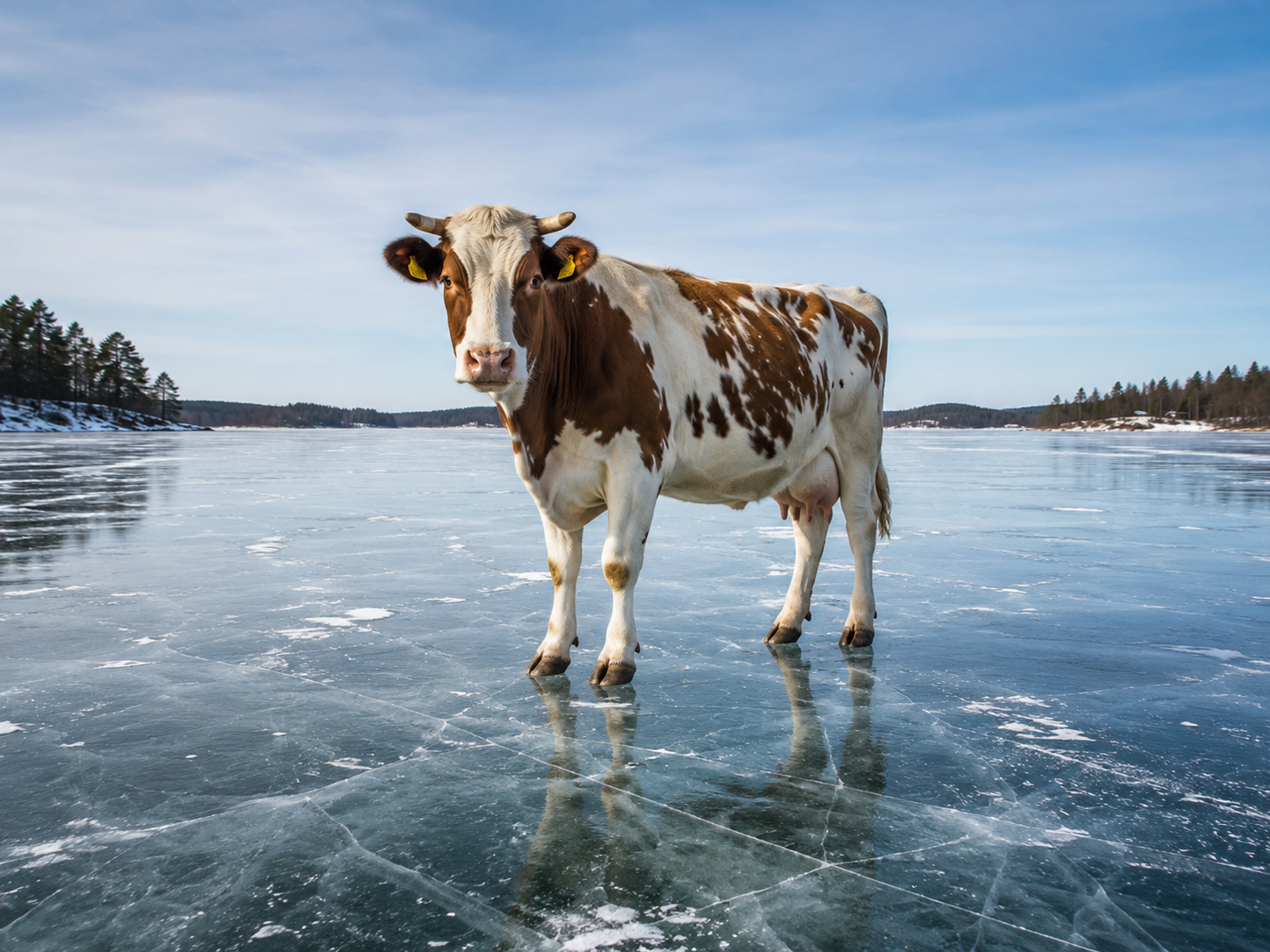 An image of a cow standing on a frozen body of water.